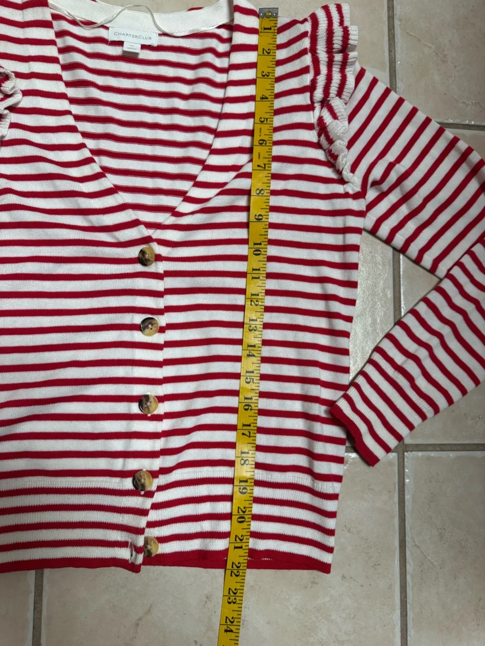 Charter Club Women’s Sail Away Red and White Striped Ruffle Shoulder Cardigan